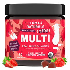 Llama Naturals front packaging showcasing organic strawberry gummy benefits