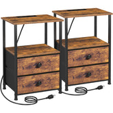 LOAKEKEL front view of both nightstands showing organized storage and charging convenience
