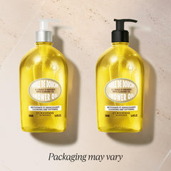 L'OCCITANE pouring shower oil demonstrating nourishing application benefit