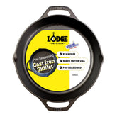 Lodge 12-inch pan front view showing wide cooking surface and dual handles for versatility