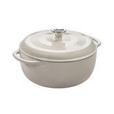Lodge Dutch oven front view showing oyster white finish and durable design benefit