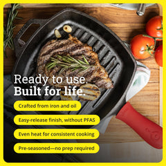 Lodge searing steak on stovetop in grill pan highlighting high-heat browning performance