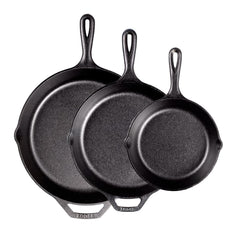 Lodge size comparison 8, 10.25, 12 inch skillets showing portion control benefit