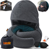 LOEXAIR front view of hooded pillow showing ergonomic neck contour and cotton hood for comfort