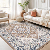 Lofus front view showing full 5x7 rug and muted boho floral design for room anchoring