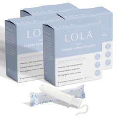 LOLA front packaging showing 32-count light tampons and clear labeling for easy selection