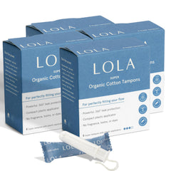 LOLA front packaging showing 32-count Super tampons for reliable protection
