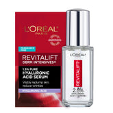 L'Oreal Paris front packaging of Revitalift eye serum highlighting clean design and benefits