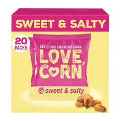 Love Corn front packaging showing 20-count pack and bold branding, convenient portioning benefit