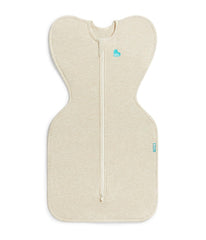 Love to Dream Swaddle Up oatmeal front view showing snug shoulder fit and clean design