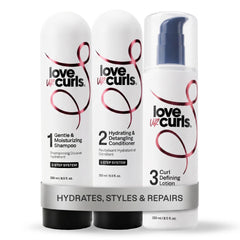 Love Ur Curls front packaging showing full shampoo conditioner curl cream set and benefits