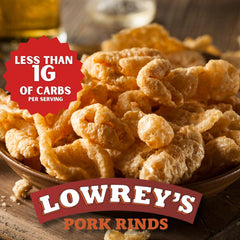 Lowrey's open bag with curled pork rinds ready to eat for instant snacking