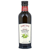 Lucini bottle front label showing organic extra virgin olive oil and packaging benefit