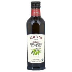 Lucini bottle front label showing organic extra virgin olive oil and packaging benefit