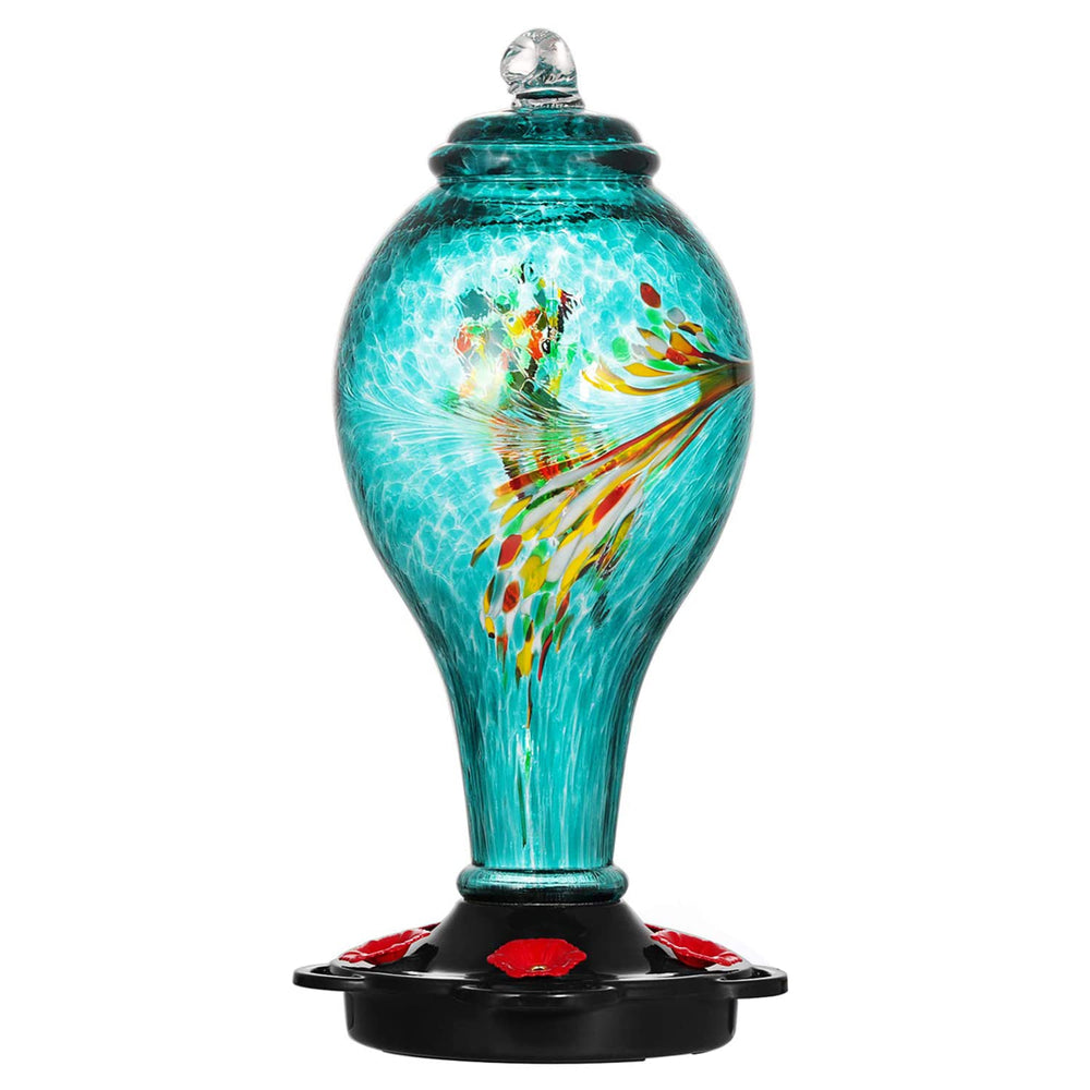 LUJII front view blue glass feeder showing vibrant color and capacity benefit