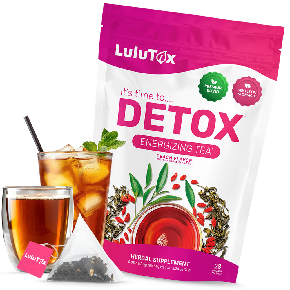 LULUTOX front packaging showing peach detox tea and convenience