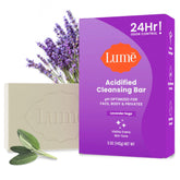 Lume cleansing bar front packaging showing lavender scent and size benefit