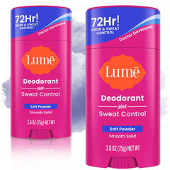 Lume soft powder front packaging showing scent and two-stick benefit