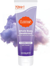 Lume soft powder tube front view showing clean packaging and benefit of discreet odor control