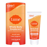 Lume tangerine bundle front packaging showing both stick and cream benefits