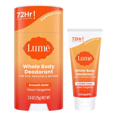 Lume tangerine bundle front packaging showing both stick and cream benefits