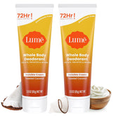 Lume toasted coconut front tube showing branding and scent benefits