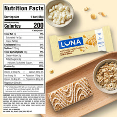 Unwrapped Luna Bar white chocolate macadamia with creamy coating for tasty energy