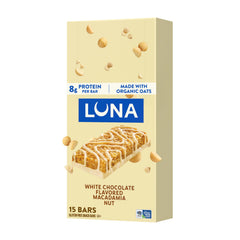 Luna Bar front packaging showing white chocolate macadamia flavor and benefits
