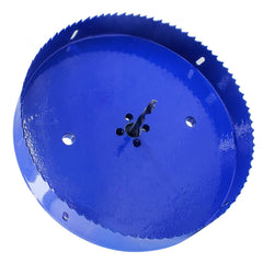 Luomorgo hole saw mounted in drill cutting wood demonstrating clean results