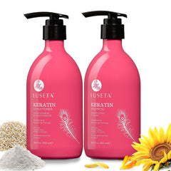 Luseta front packaging showing shampoo and conditioner bottles and benefits