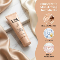 LUXE FOUNDATION applied with fingers demonstrating quick, even coverage benefit