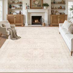Luxturiy front view of 8x10 beige rug showing vintage look and versatile anchor