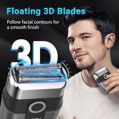 LYRSLF closeup of foil blades and long beard trimmer showing precise blade geometry for smooth shaves