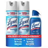 Lysol front packaging showing three Crisp and White Linen cans for quick disinfection