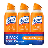 Lysol front packaging showing three Tropical Sunset cans for quick sanitizing