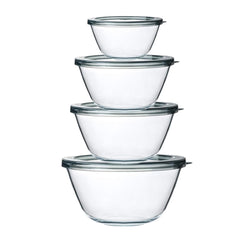 M MCIRCO front view of four glass bowls and lids showing complete set and storage benefit