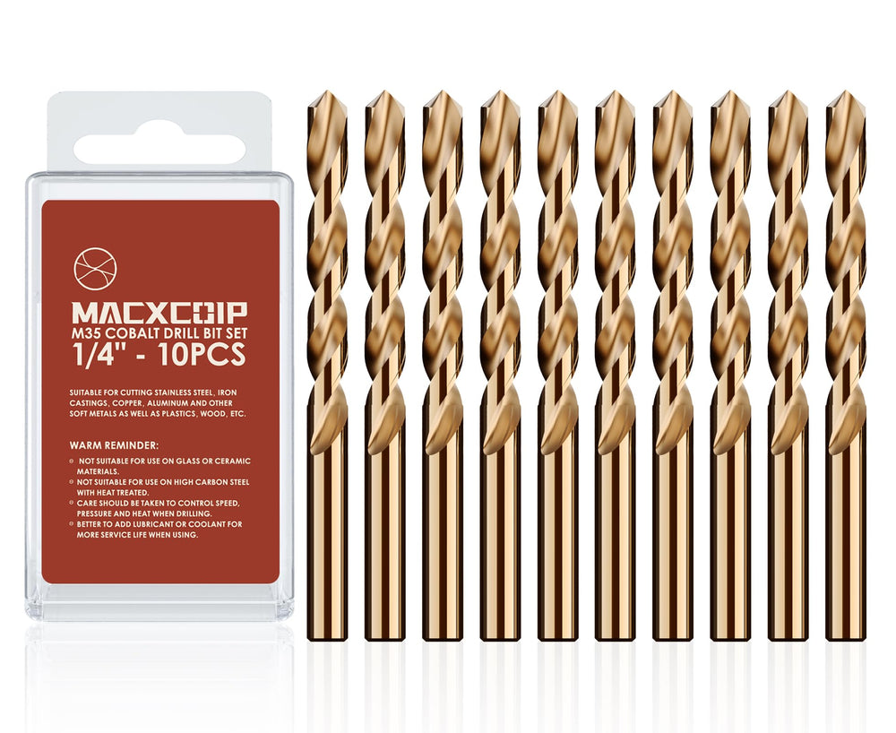 MACXCOIP front packaging showing 10-piece 1/4" cobalt bit set, durable storage benefit