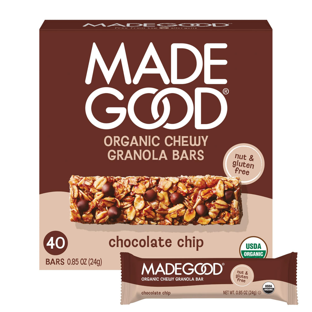 MadeGood front packaging showing 40-count chocolate chip bars and convenience