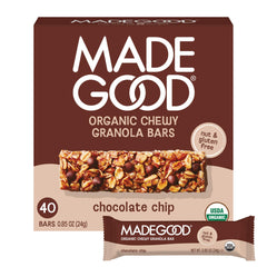 MadeGood front packaging showing 40-count chocolate chip bars and convenience