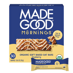 MadeGood front packaging showing blueberry bars and bulk 30-pack convenience