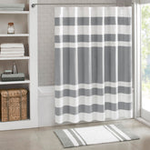 Madison Park front view of grey waffle shower curtain showing spa look benefit