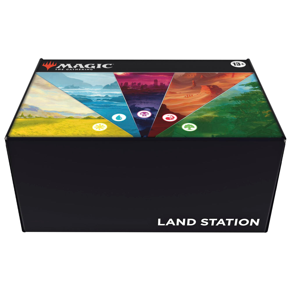Magic: The Gathering box front showing Land Station and organized storage benefit