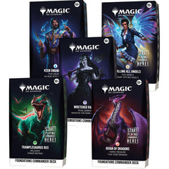 Magic: The Gathering bundle front view showing five Foundations decks and accessories, perfect for quick multiplayer play