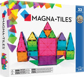 MAGNA-TILES front packaging showing the 32-piece set and included shapes benefit clear contents