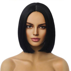 MAGQOO front view of black bob wig showing neat middle part and natural look