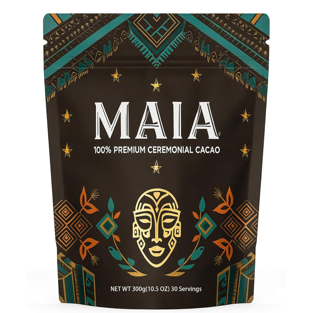 Maia Ceremonial cacao front packaging showing organic powder and clean label benefit