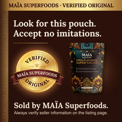 MAÏA SUPERFOODS powder close-up showing fine texture and rich cacao color for flavor