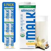MALK front packaging showing organic vanilla almond milk, highlights clean ingredients
