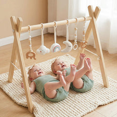 Mallify front view wooden baby gym showing stable frame and clean design benefit: calm nursery look