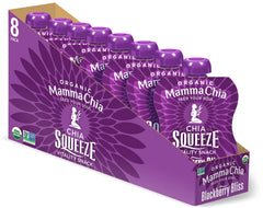 Mamma Chia front packaging showing Blackberry Bliss pouch and benefits
